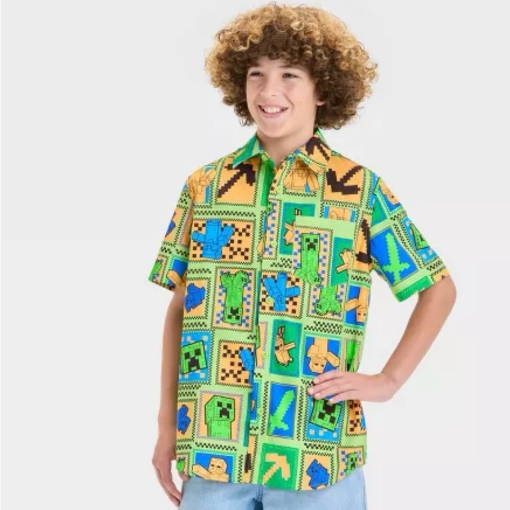 Minecraft Woven Short Sleeve Button Up Shirt Kids Large NWT Mint Green